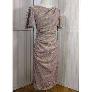 Betsy & Adam Pink Metallic Ruched Midi Dress Flutter Sleeve Size 6